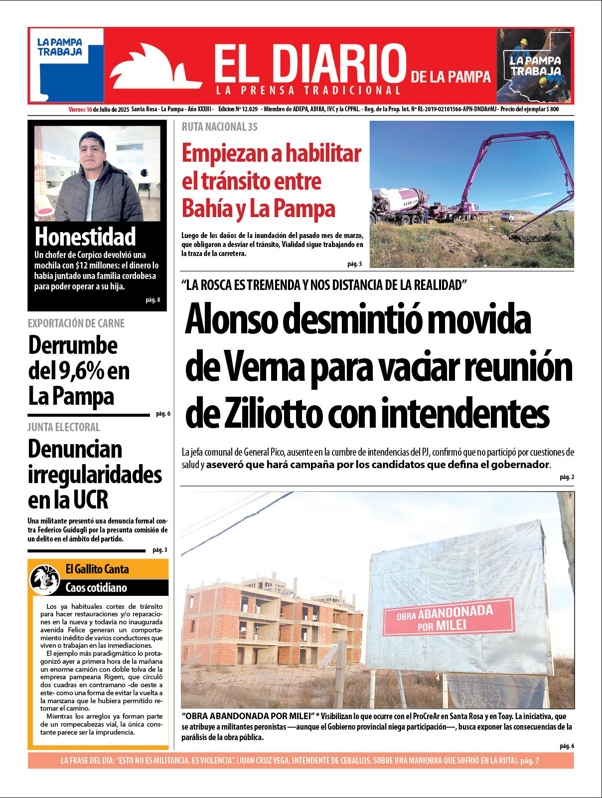 Tapa de El Diario en papel  viernes 18 de julio de 2025